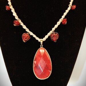 Red Tear Drop Faceted Agate with Red Accent Hearts on a Handmade Brown Hemp 15"